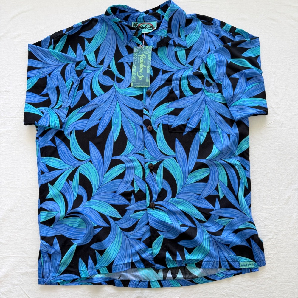 Rainbow Jo Men's M Hawaiian Aloha Shirt Blue Tropical Leaf Rayon NWT Hand Made